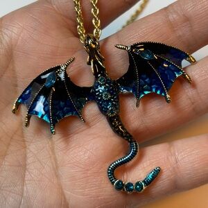 Fantasy Blue Enamel Dragon Pendant with 24 in Chain, Women’s Fashion Necklace